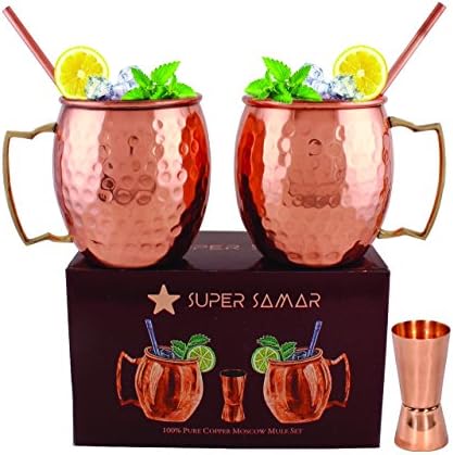Moscow Mule copper mugs 100 % Solid Pure Copper Cups No Lining set of 2 Bonus 2 Straws and Jigger bar measurement drinking mugs