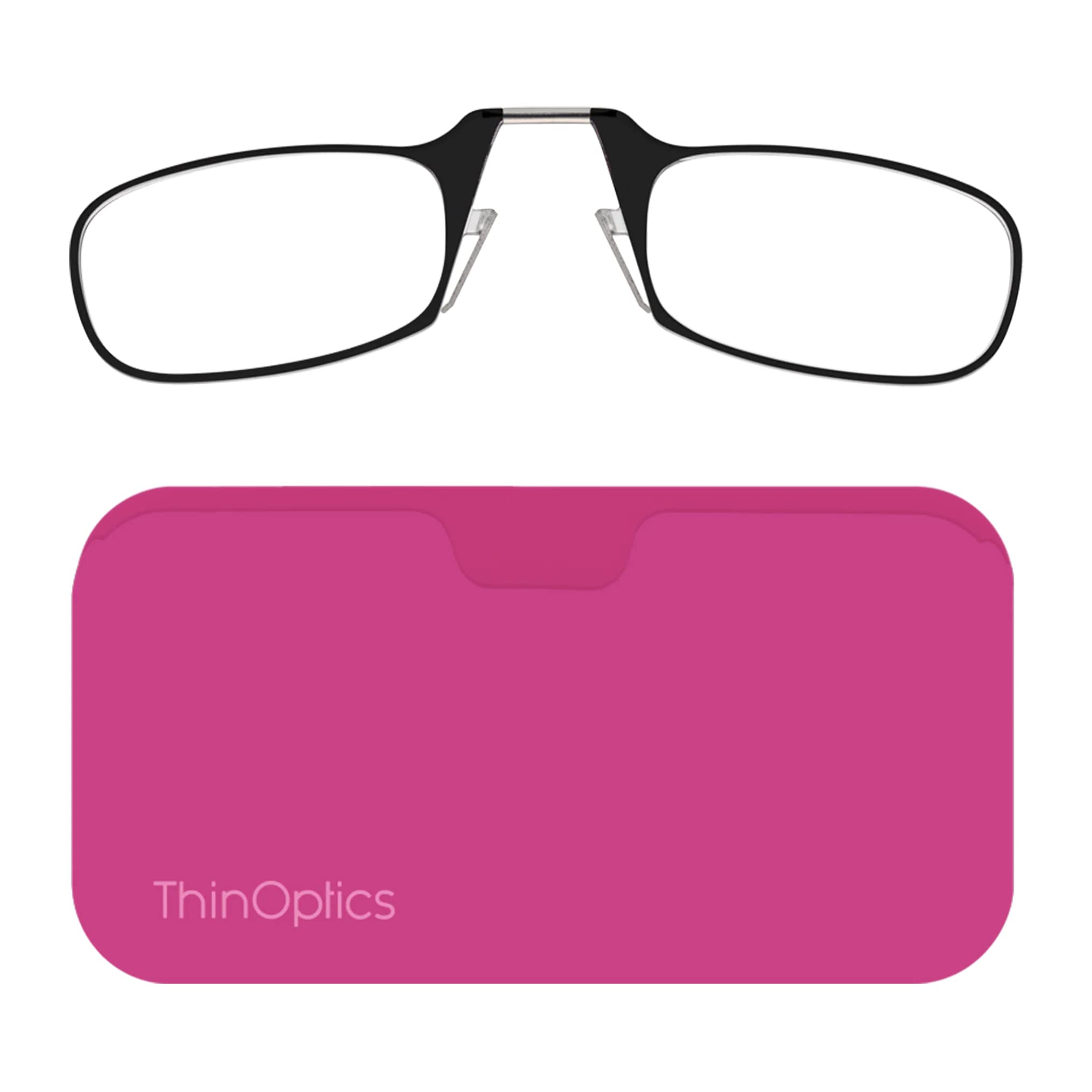 ThinOptics Reading Glasses 1.50 Black Frames with Pink Universal Pod Compact Case - Ultra-light Foldable Rectangular Glasses - Clip-on Nose - 1.50 Strength with Flex-Fit Technology