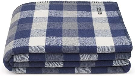 Wool Blanket 100. Throw blanket for home and camping. Plaid nice for babies children. Twin size 140x180 warm and washable blanket. Full size bed sofa. Woolkrafts (without leather holder, Blue/White)