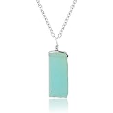 CRYSTALIS Natural Aqua Chalcedony Raw Crystal Pendant Necklace, Flat Bar Rough Crystal, Chakra Healing Stone, Gift Giving Women Jewelry, Dainty Rhodium 925 Sterling Silver Chain 18 inch
