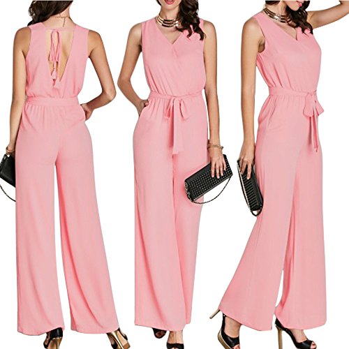 PRESELF 2017 Fashion Sleeveless Backless Wide Leg Jumpsuit Playsuit Loose Pants Oversized Womens (14, Pink)