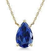 Gem Stone King 14K Yellow Gold Blue Created Sapphire Pendant Necklace for Women | 2.10 Cttw | Gemstone September Birthstone | Pear Shape 10X7MM | With 18 Inch Chain