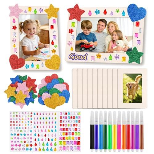 Tuxvealu 10 Pcs Photo Frame Decoration for Children, 19 x 14 cm Wooden Frames for Crafts, DIY Photo Frame with 12 Markers and Stickers, Ideal for Children's Birthdays, Crafts