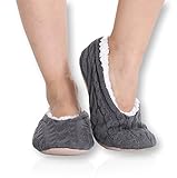 Pembrook Ladies Cable Knit Slippers – Gray - Large (9-10.5) – Ballet Style with Non-Skid Sole - Faux Shearling Lining and Suede Sole - Great Plush Slip On House Slippers for adults, women, girls
