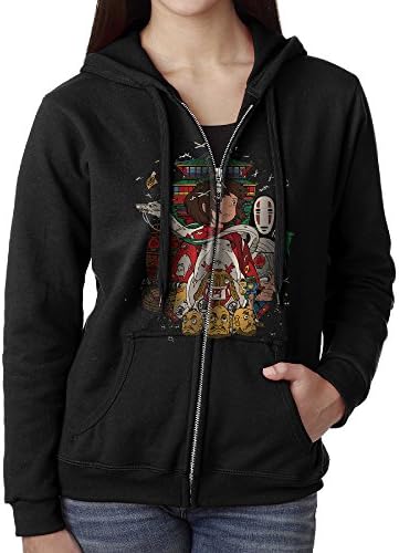 Women's Spirited Away Anime Movie Poster Full Zipper Pocket Hooded X-Large