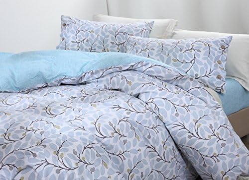 Decorative Botanical Print Duvet Cover Twin / Single 3 Pcs ( 1 Zipper Closure Comforter Quilt Case, 2 Button Pillowcases ) Natural Quality 100% Washed Cotton Hypoallergenic Bedding Reversible Aqua