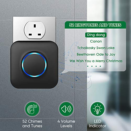 Wireless Door Bell BITIWEND Waterpoof Doorbell Chime Operating at 1000ft with 52 Tunes 4 Volume Levels LED Flash, Classroom Doorbell,Home Business Doorbell Chime, 2 Push Buttons & 3 Receivers - Thumbnail 2