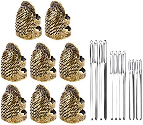 BKpearl 8 Pack Sewing Thimble Finger Protector, Copper Adjustable Fingertip Thimble Finger Metal Shield Protector with 12 pcs Sewing Quilting Needles