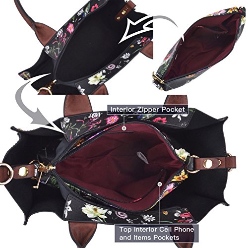 Women Handbag 3 Pieces Set Leather Shoulder Bag Satchel Purse 3 in 1 Simple Design Black Floral/Coffee