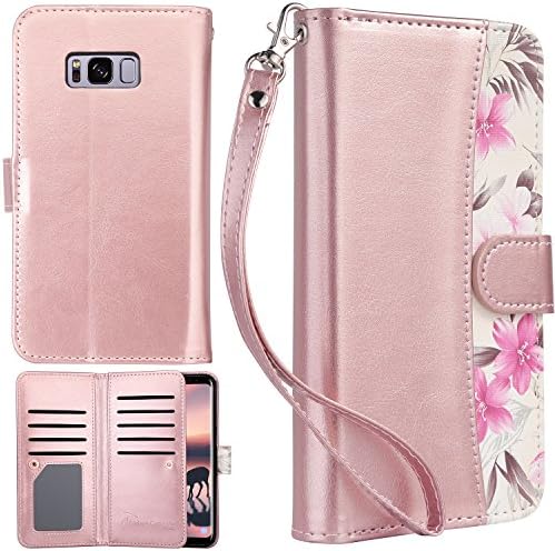 UrbanDrama Galaxy S8 Plus Case, Samsung S8 Plus Wallet Case, Flip Cover PU Leather Kickstand Credit Card Slot Cash Holder Protective Case for Samsung Galaxy S8 Plus 6.2 Inch, Floral Rose Gold