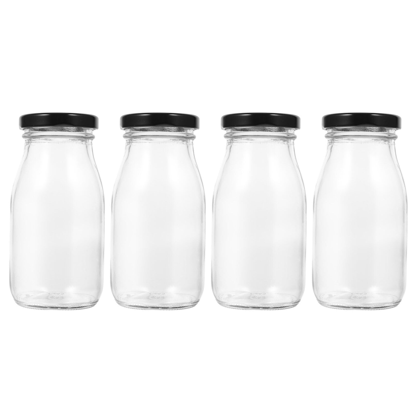 BESTonZON Reusable Glass Milk Bottles Small Juice Beverage Jar, 4pcs 200ml Drinking Bottles with Screw On Lids Container for Maple Syrup Jam Milk Juice Yogurt Smoothies