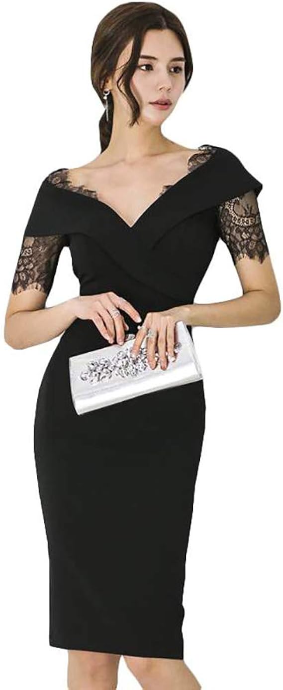 Amazon Co Jp ビレッジ ワンピース ドレス レース タイト パーティー 結婚式 Vネック 服 ファッション小物