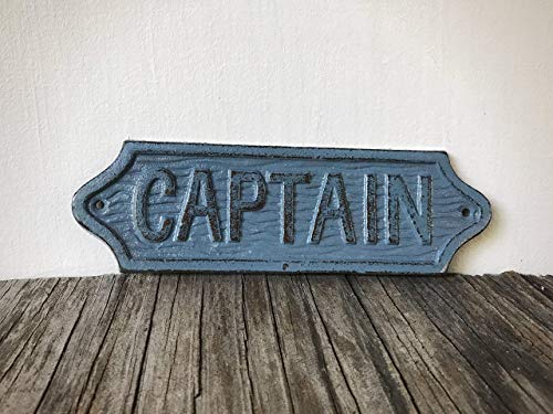 Captain Sign Bathroom Wall Art â€“ Unique Mens Gift - Rustic Blue Grey Nautical Decor - Sailor Theme Cast Iron Plaque