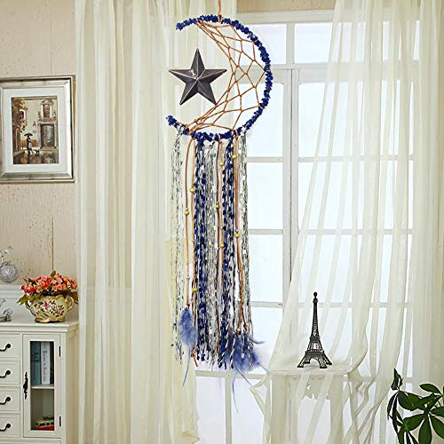 TEESHLY Moon Star Dream Catcher Handmade Crescent Shape Dreamcatchers for Wall Decor, Blue Feather Hanging Ornament for Home Decoration Festival Gift