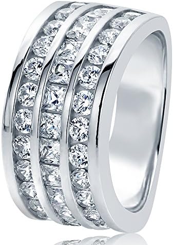 Sterling Silver Round &amp; Princess CZ Three Row Channel Set Wedding Anniversary Ring 10MM (Size 5 to 10), 7