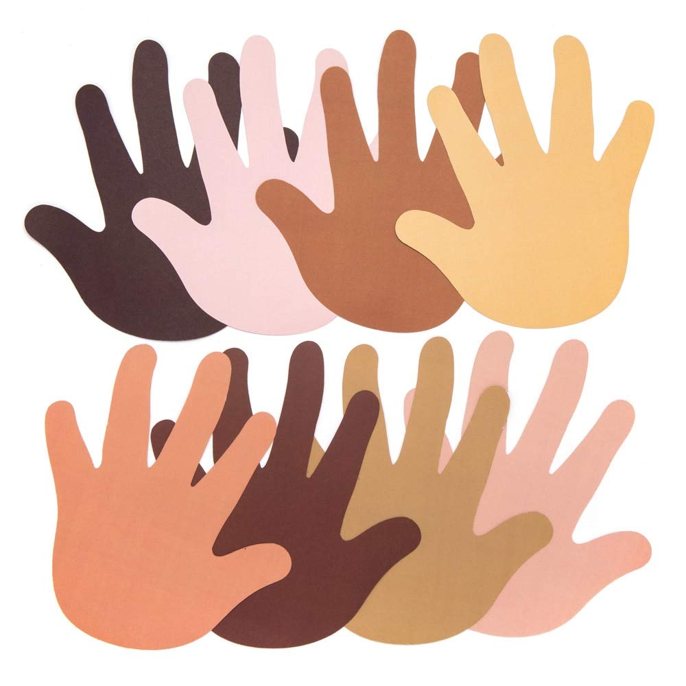 Baker Ross AW759 Multicultural Skin Tone Hand Paper Cut Outs for Schools, Students & Teachers (Pack of 56, Pieces), Assorted, 14.5cm x 13.5cm