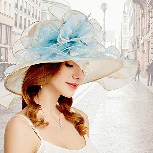 Aolvo Women Foldable Organza Church Hat - Lady Fascinator Tea Party Wedding Hat UV-Anti Cap With Ruffles Wide Brim For Derby