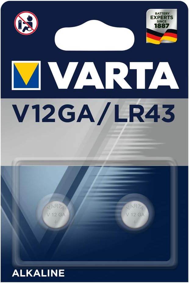 Varta V12GA / LR43 Alkaline Button Cell Batteries Pack of 2 in Original Blister Packagingc, Multicolor