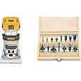 DEWALT Router, Fixed Base, Variable Speed, 1-1/4-HP Max Torque (DWP611) & Hiltex® 10100 Tungsten Carbide Router Bits | 15-Piece Set