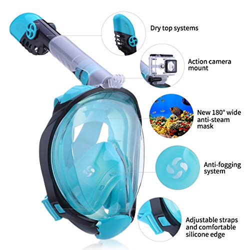 QingSong Full Face Snorkel Mask - 180° Panoramic View, Anti-Fog, With Camera Mount For Adults