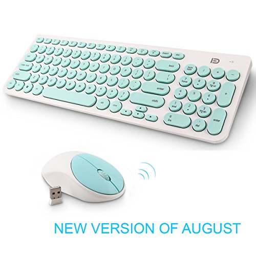 Wireless Keyboard and Mouse Combo, FD iK6300 2.4GHz Cordless Cute Round Key Set Smart Power-saving Whisper-Quiet Slim Combo for Laptop, Computer and Mac (Mint Green & White)