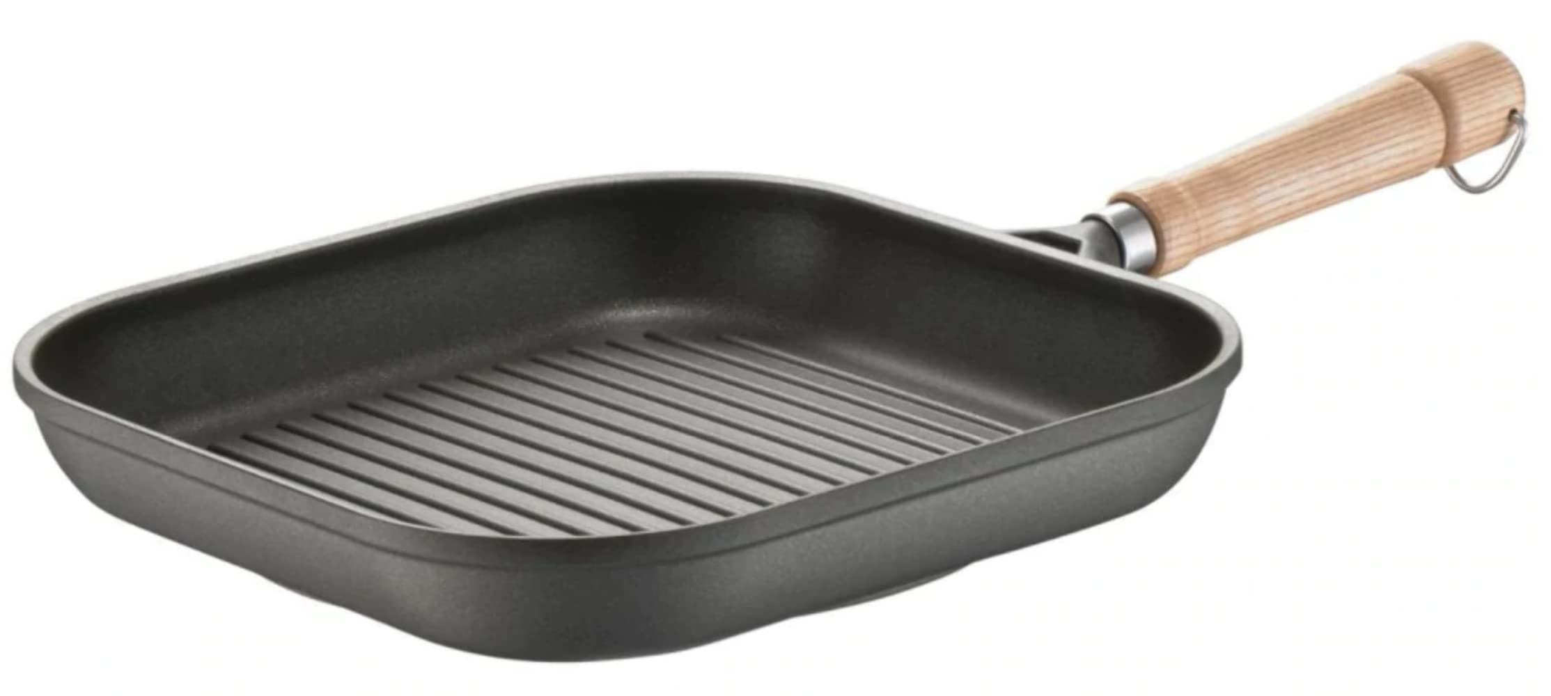 Berndes Bonanza Induction Grill Pan 28 cm, Square Pan with 3-Layer Non-Stick Coating and Wooden Handle, Suitable for All Cookers, Robust Cast Aluminium, Non-Stick Coating, Black