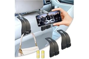 vidonio Upgrade Car Seat Back Double Hooks,Leather Car Seat Headrest Double Hooks & Mobile Phone Holder,Purse Hook for Car Organizers,Universal Hidden Multifunctional Car Hooks Leather(Black,2pcs)