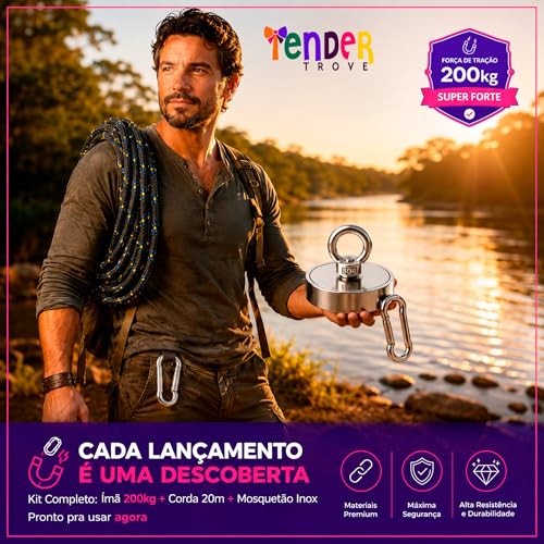 Tender Trove Kit Pesca Magnetica Ima Neodimio 200kg, 60mm, Corda Trancada 20 Metros, Mosquetao Aco Inox, Recuperacao Objetos Metalicos Rios Lagos