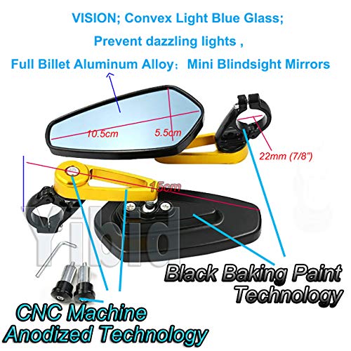 Yibid Motorcycle Handle Bar end Mirrors, CNC Billet Aluminum Triangle Side Rearview Universal for 7/8 inch Handlebar Honda Kawasaki Suzuki Yamaha Harley Victor Ducati Racer Street Bikes (Gold Stem)