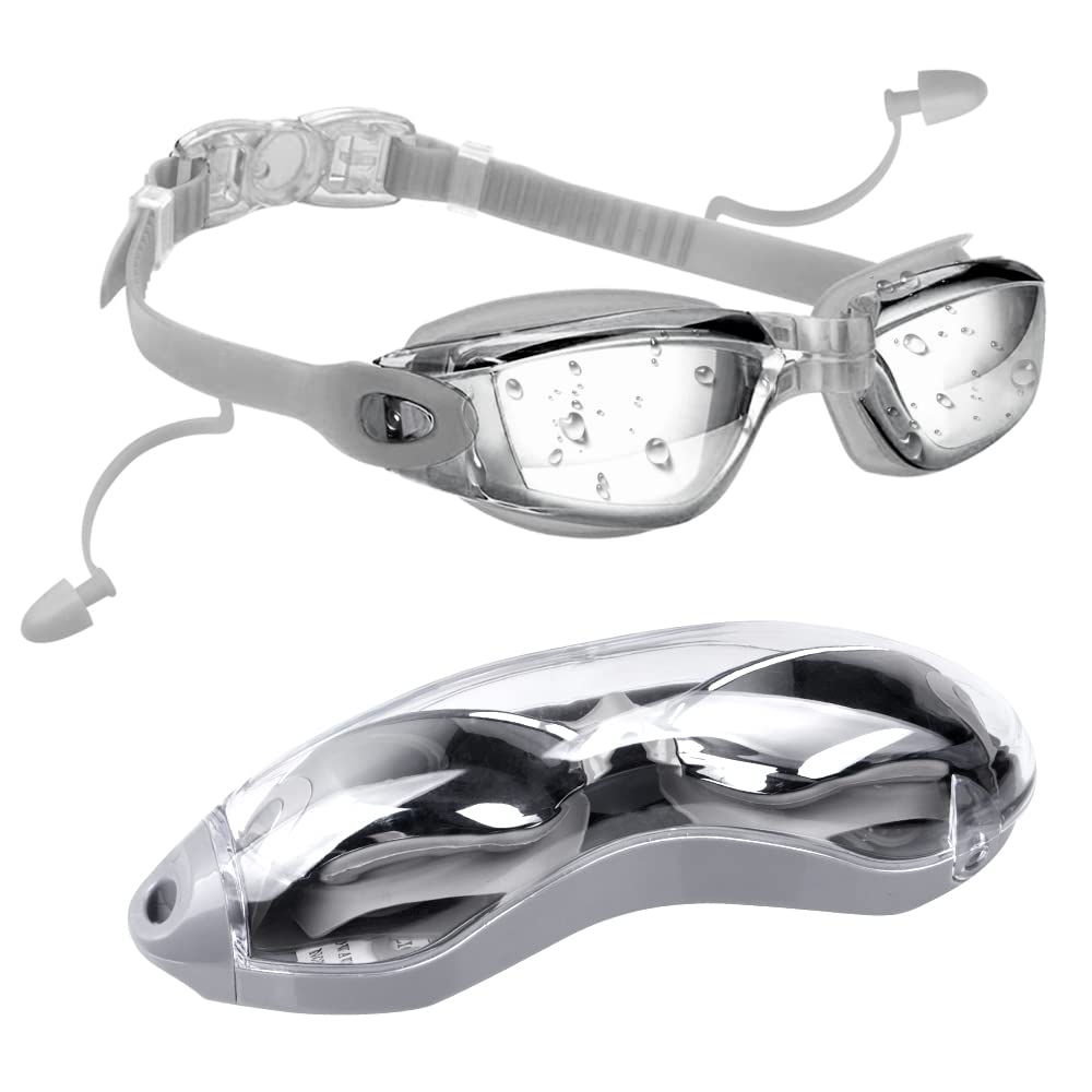 Lychico Swimming Goggles, Anti Fog Swim Goggles With UV Protection Mirrored, Adults No Leaking 180 Degree Vision with Protection Case Soft Silicone Nose Bridge for Men Women, Silver, One Size (YYJ)