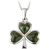 Biddy Murphy Genuine Irish Shamrock Necklace with Connemara Marble - 925 Sterling Silver Celtic Jewelry Assay Hallmarked in Dublin, Made in Ireland, Three-Leaf Clover Pendant with 18" Chain