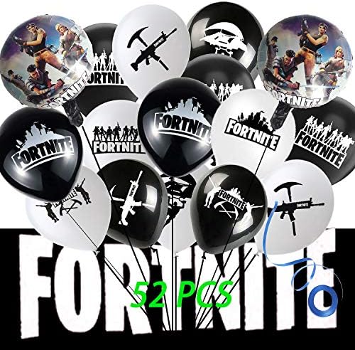 52 Pcs Fort Nite Balloons, 12" Latex Balloon Games Fort Nite Birthday Party Supplies - 50 Pcs Assorted Latex Balloons and 2 Pcs Foil Balloons with a Blue 32.8 Feet Ribbon