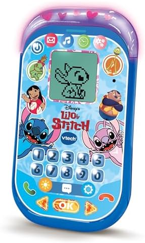 - Telefone educativo Stitch, brinquedos eletrónicos para crianças +4 anos, ecrã LCD, tira de luz, minijogos de matemática, voz original, teclado e chamadas, versão ESP