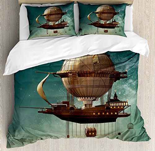 Ambesonne Fantasy Decor Duvet Cover Set, Surreal Sky Scenery with Steampunk Airship Fairy Sci Fi Stardust Space Image, 3 Piece Bedding Set with Pillow Shams, Queen/Full, Teal Brown