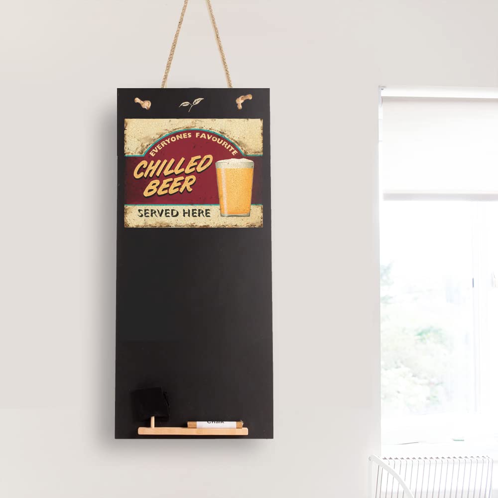 Chalkboards UK Chilled Beer Tall Thin Blackboard/Memo Kitchen Black Board with Rope, Tray and Chalk. Booths Design Range, Wood, 60 x 26.5 x 1 cm