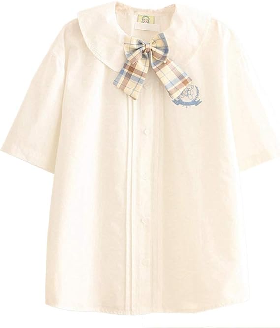 Amazon Dizoon ディゾン レディース ブラウス 森ガール トップス 綿 半袖 リボン付き ベアー刺繍 かわいい シンプル 無地 ゆったり 白 お出かけ プレゼント ワンサイズ シャツ ブラウス 通販