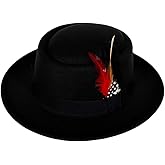 Punctualgood Wool Felt Fedora Hats for Women Men, Wide Brim Flat Top Hat Porkpie Hat, Jazz Hat with Feather Unisex