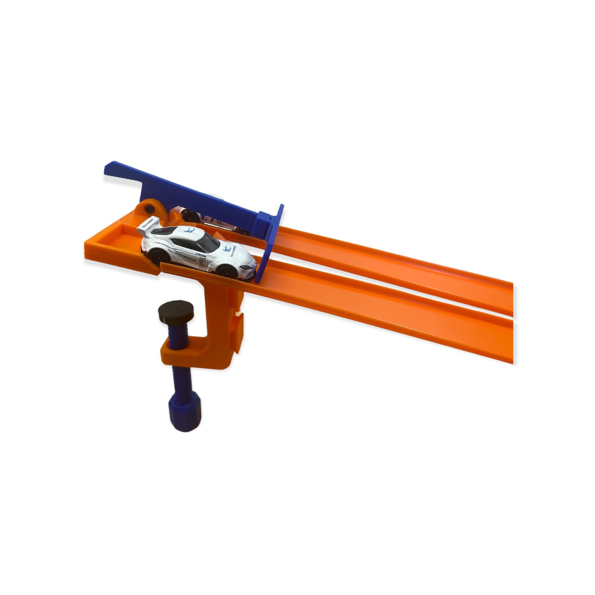 Photo 1 of Clamp with 2 Lane Starter Gate Compatible with Hot Wheels Cars and Track (Blue/Orange)