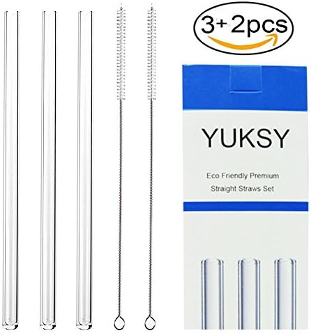3+2 pcs Glass Straws Clear Straight 9" x 10 mm - Perfect Reusable Straw for Smoothies, Tea, Juice, Water, Milkshake, Essential Oils - With 2 pcs Cleaning Brushes by YUKSY