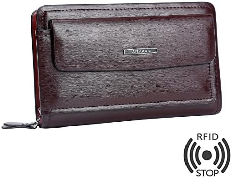 Arakan Men's Clutch Bag Wallets for Men Handbag Business PU Leather Wallet RFID Blocking Purse Brown