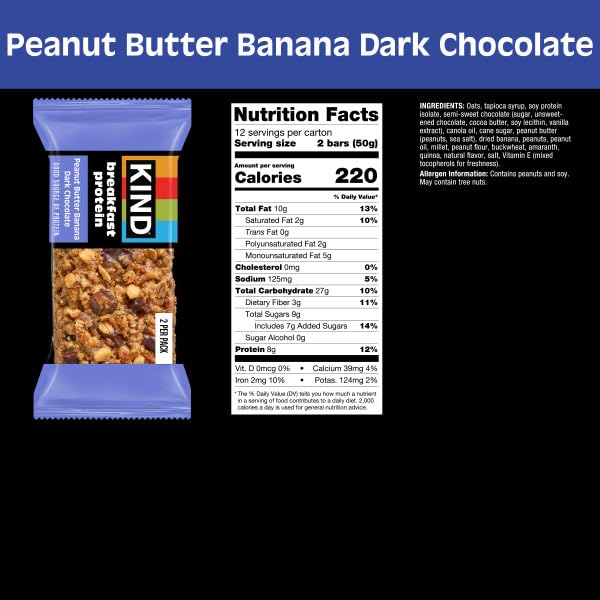 KIND BREAKFAST PROTEIN, PEANUT BUTTER BANANA DARK CHOCOLATE, 8G PROTEIN, HEALTHY SNACKS, GLUTEN FREE, 12CT VALUE PACK