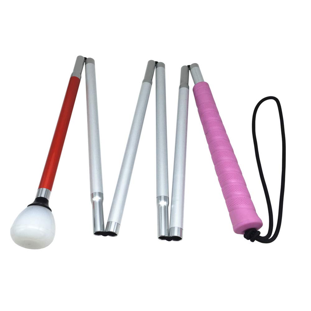 6-Section Aluminum Blind Cane,Reflective Red, Folding Walking Stick for Blind People (140cm (55 inch), Pink Handle)