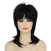 Amnenl Mullet Wig for Women Black Shoulder Length Shaggy Layered Wig Curly 80s Wigs Heat Resistant Cosplay Daily Hair Wigs (Black)