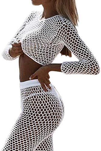 Women's Fishnet Hollow Out Beach Cover up Sets Long Sleeve Mesh Crop Top Knitted Long Pants Suits Bikini Swimwear