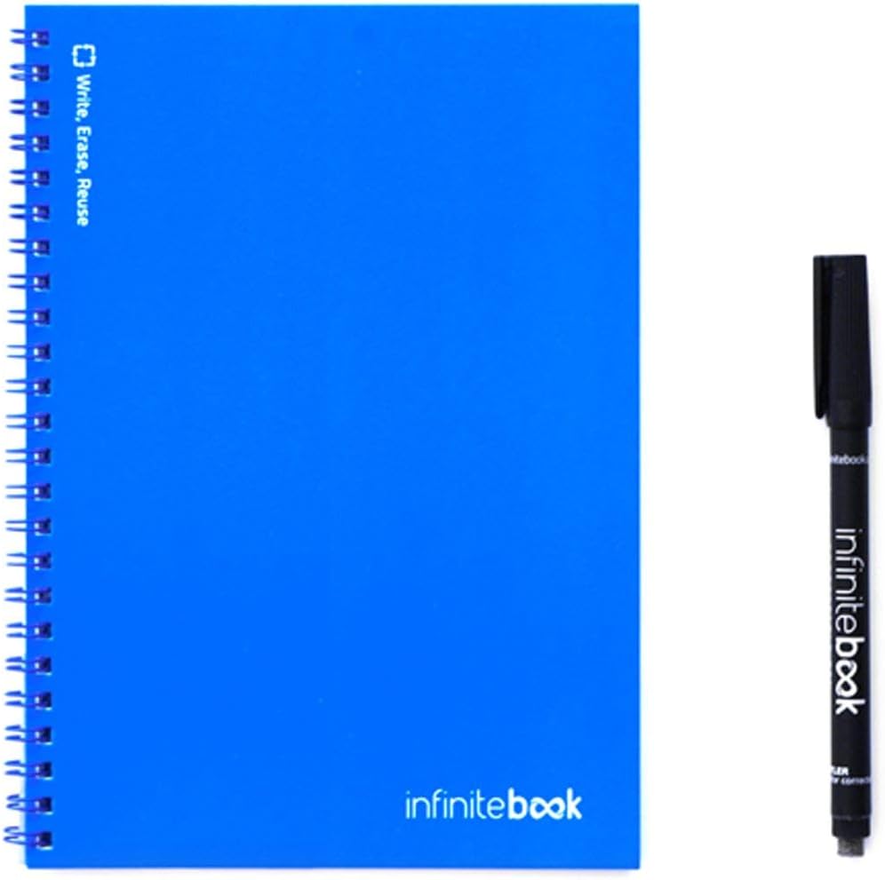 Infinitebook Reusable whiteboard Notebook, A5, Plain, Spiral-Bound, Includes Black Pen, Blue Cover