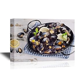 Seafood Canvas Wall Art - Copper Pot of Mussels Garnished with Lemon Slices - Gallery Wrap Modern Home Art | Ready to Hang - 12x18 inches