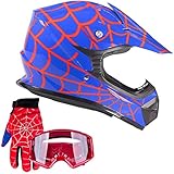 Youth Kids Offroad Gear Combo Helmet Gloves Goggles DOT Motocross ATV Dirt Bike Motorcycle Blue Spiderman - Large