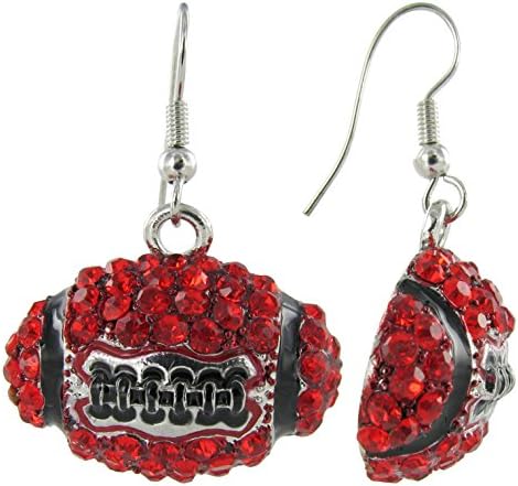 Dome Football Rhinestone Fish Hook Earrings (Red and Black)