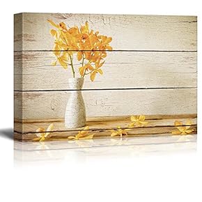Yellow Flowers in a White Vase - Rustic Floral Arrangements - Pastels Colorful Beautiful - Wood Grain Antique - Canvas Art Home Art - 12x18 inches
