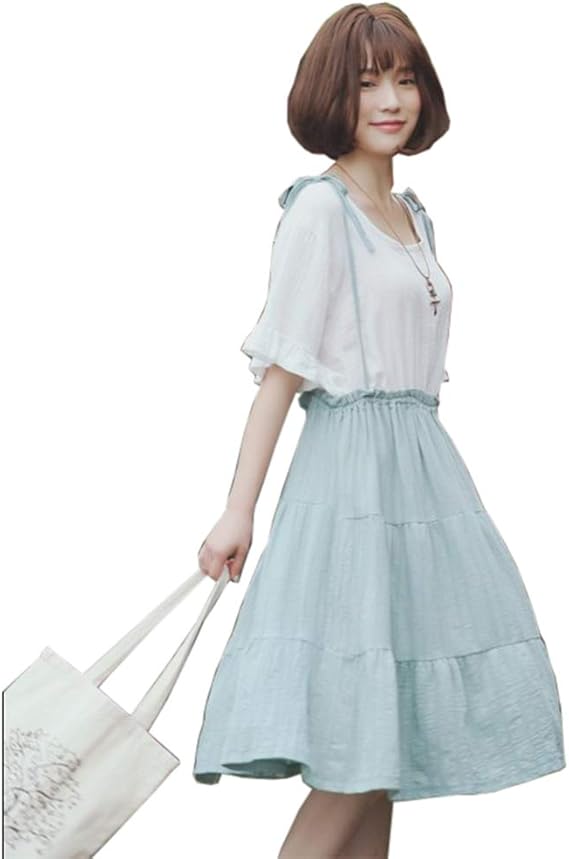 森ガール ワンピース レディース 春 夏 ワンピ ふんわり 半袖 サスペンダー付き きれいめ 膝丈 フリー グリーン ワンピース チュニック 通販 Amazon